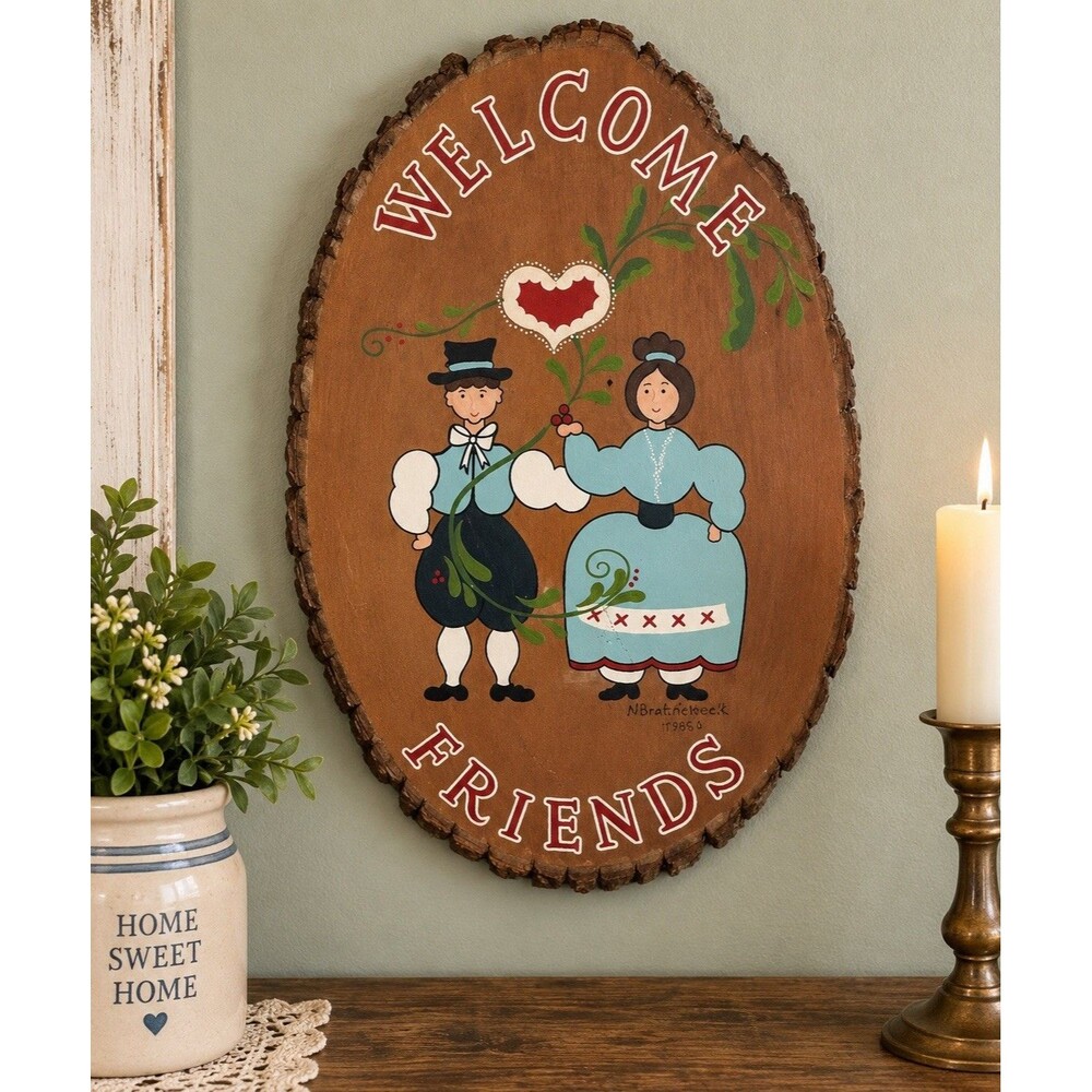 Vintage 1986 Hand Painted Wood Slice Welcome Friends Folk Art Wall Hanging 16x11